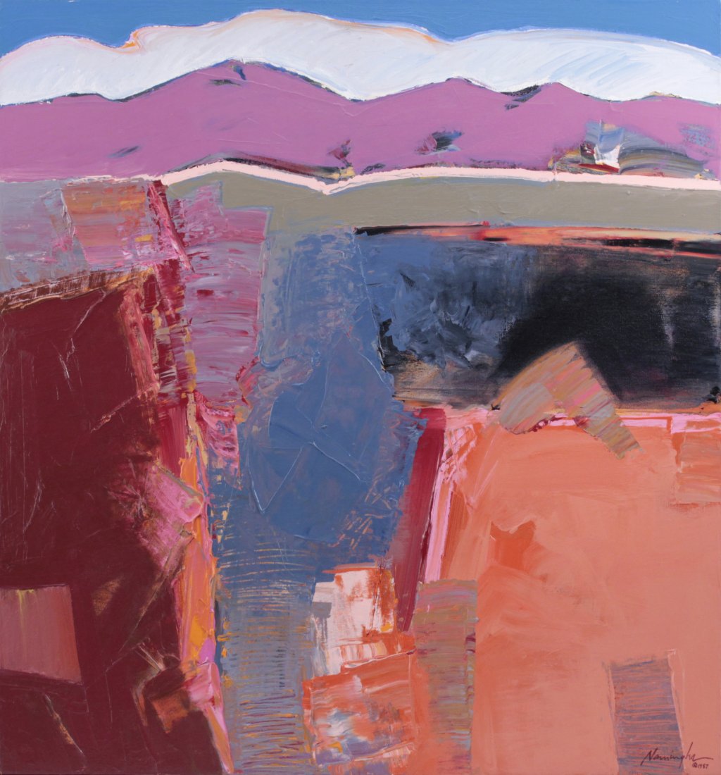 Dan Namingha (B 1950) Amer Signed Santa Fe Painting '87: Dan Namingha (Born 1950) American Vintage Southwestern Abstract landscape Titled "Santa Fe View" 1987 Acrylic on Canvas light impasto Signed Lower Right and verso thick wood gallery frame Size - 30" x