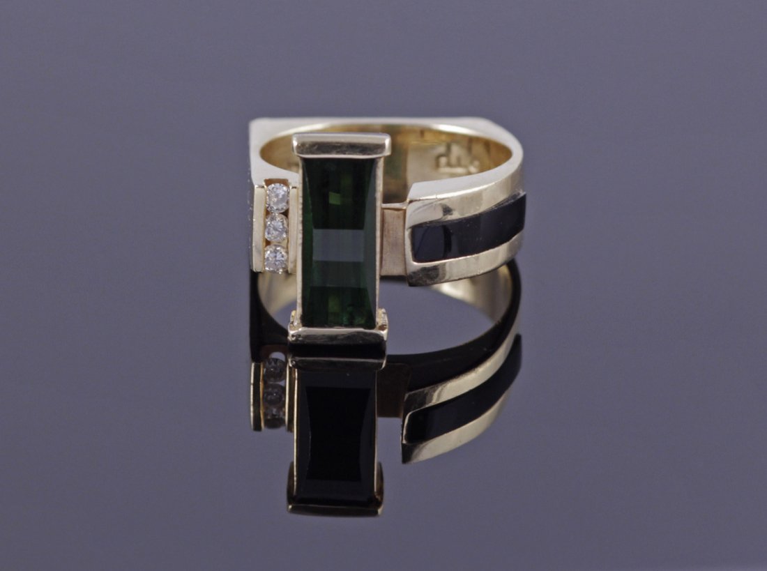 Mid Century Tourmaline Diamond 14K Gold Ring: Modernist curved face large Tourmaline Diamond & Onyx 14K yellow Gold "ELL" ring size 7 weight 10.8 grams 7 dwt 9/16" width stone in setting