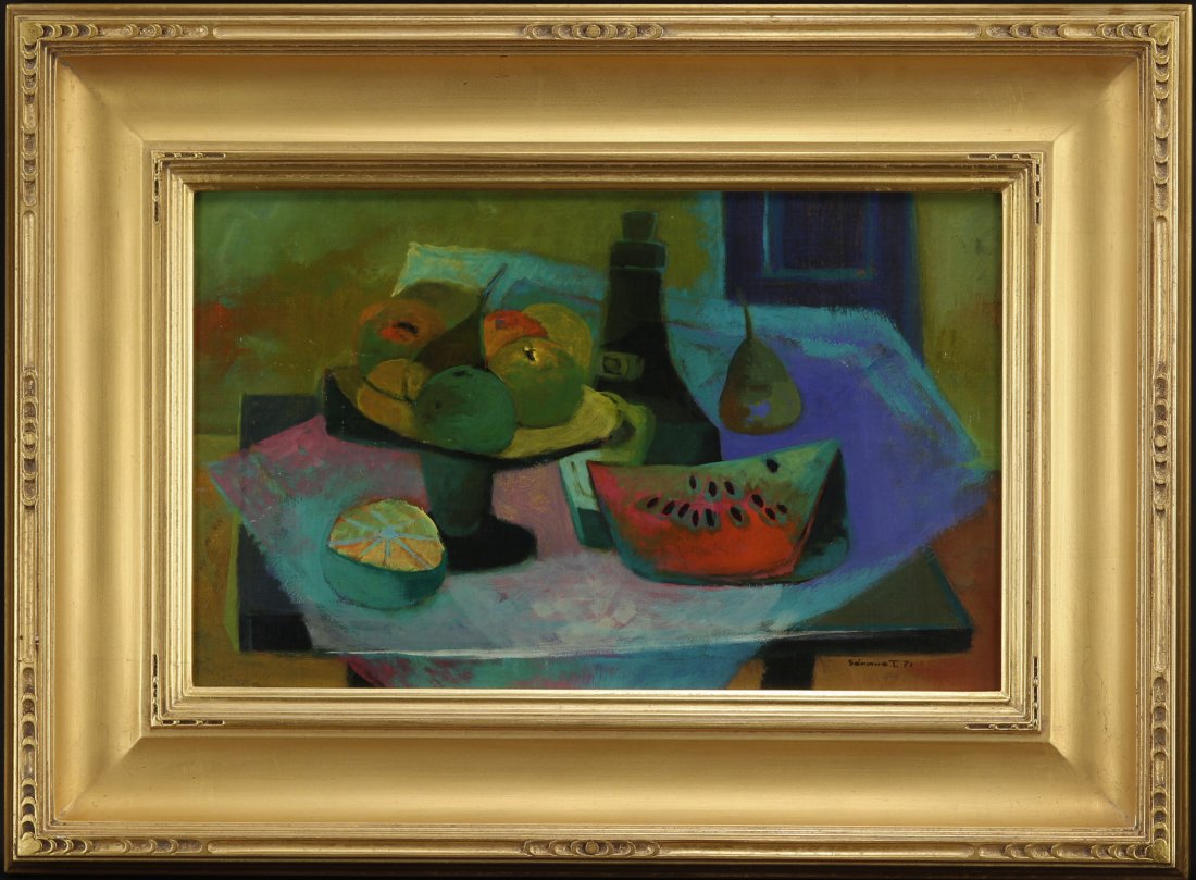 Jose Samano Torres (B 1942) Mexican Cubist Still Life: Jose Samano Torres (born 1942) Mexican Cubist Still Life, Signed and Dated '72 lower right, Oil on Masonite in gilt wood frame Size - 15 3/4" x 10" (40cm x 25.4cm) 22 1/4" x 16 1/4" (56.51cm x 41.27cm