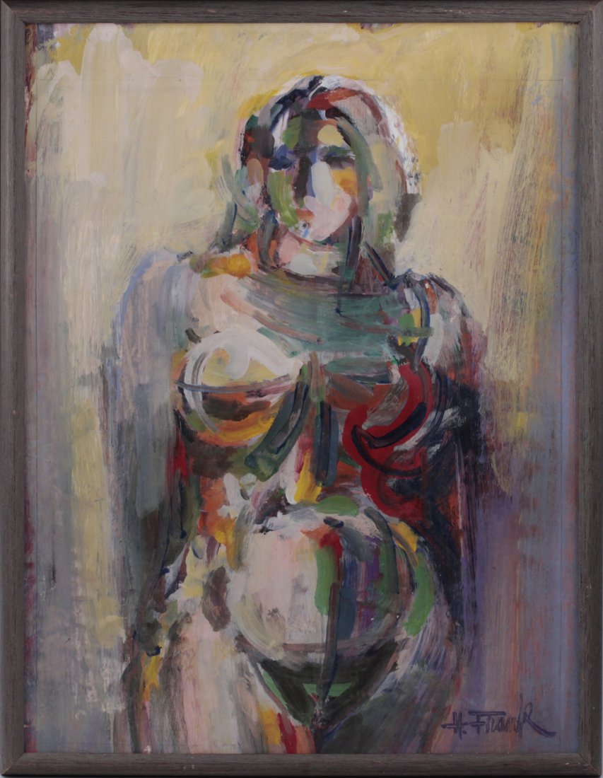 Cubist Harold Frank British/Amer Oil Painting Nude: Harold Frank (1917-1995) British/American Mid Century Cubist acrylic on board figural nude painting signed bottom right framed in simple wood frame Size - 23" x 30 1/2" image 25" x 32 1/2" framed