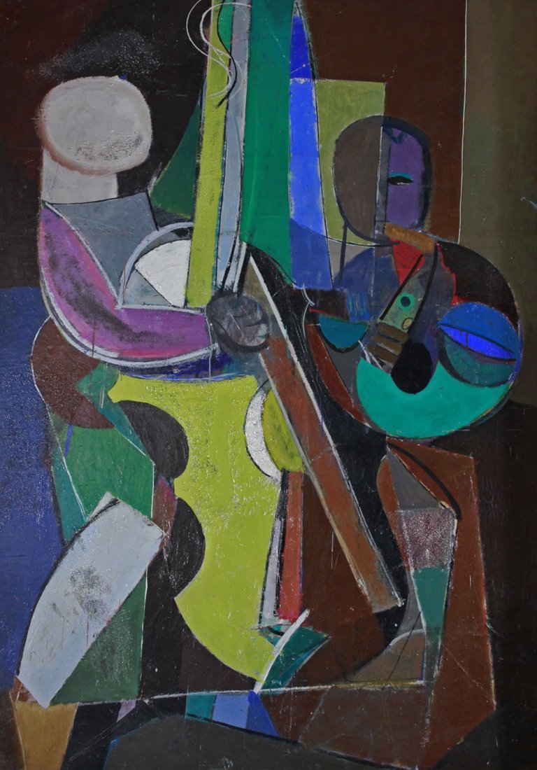 1937 Signed P.W. Lg Cubist WPA Musicians Oil Painting: Oil on board Large painting of WPA Cubist musicians signed and dated "P.W. 37" on stretcher back gilt wood frame impasto and texture to surface Size - 48" x 68" canvas 56" x 76" framed