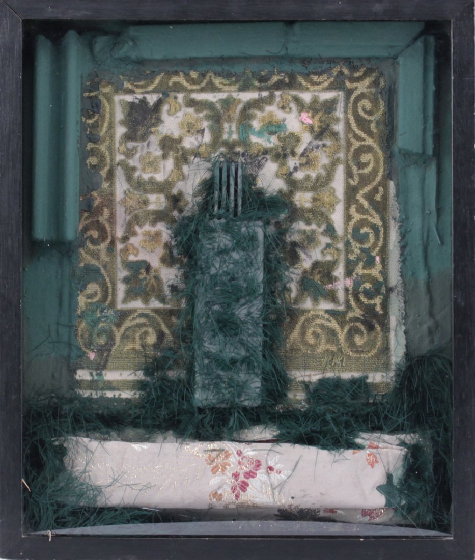 Josep Grau Garriga (B1929) Mixed Media 3D Collage 1980: Josep Grau-Garriga (Born 1929) Spanish Vintage 1980 Mixed Media 3 dimensional collage shadow box work Titled "Invasio de Dintre" with Victorian velvet tapestry gold thread fabric and feathers deep Ebo