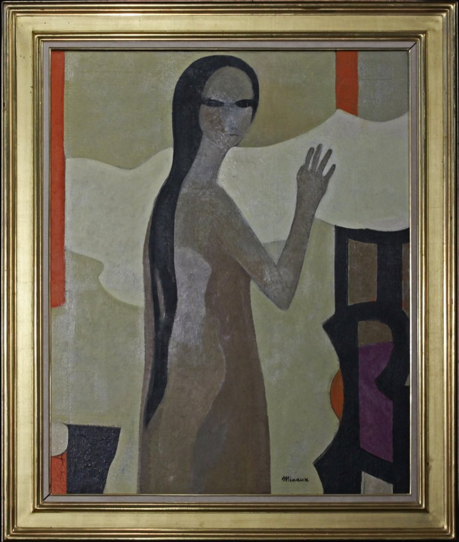 Andre Minaux (1923-1986) French Expressionist O/C Femme: Andre Minaux (1923-1986) French elongated Expressionist "Portrait de Femme" Oil on Canvas signed lower right gilt wood frame Size - 32" x 39" (81.25cm x 100.33cm) canvas 40"x47 3/4" (101.6cm x 121.28c