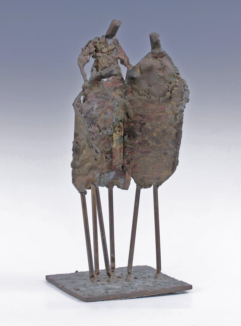 Mid Century Surrealist Metal Trio Figural Sculpture: Mid Century Surrealist/Expressionist rough soldered Metal Trio Figural on elongated legs Sculpture unknown artist Size - 14 1/2" x 11" sculpture base - 6" x 6 1/4"