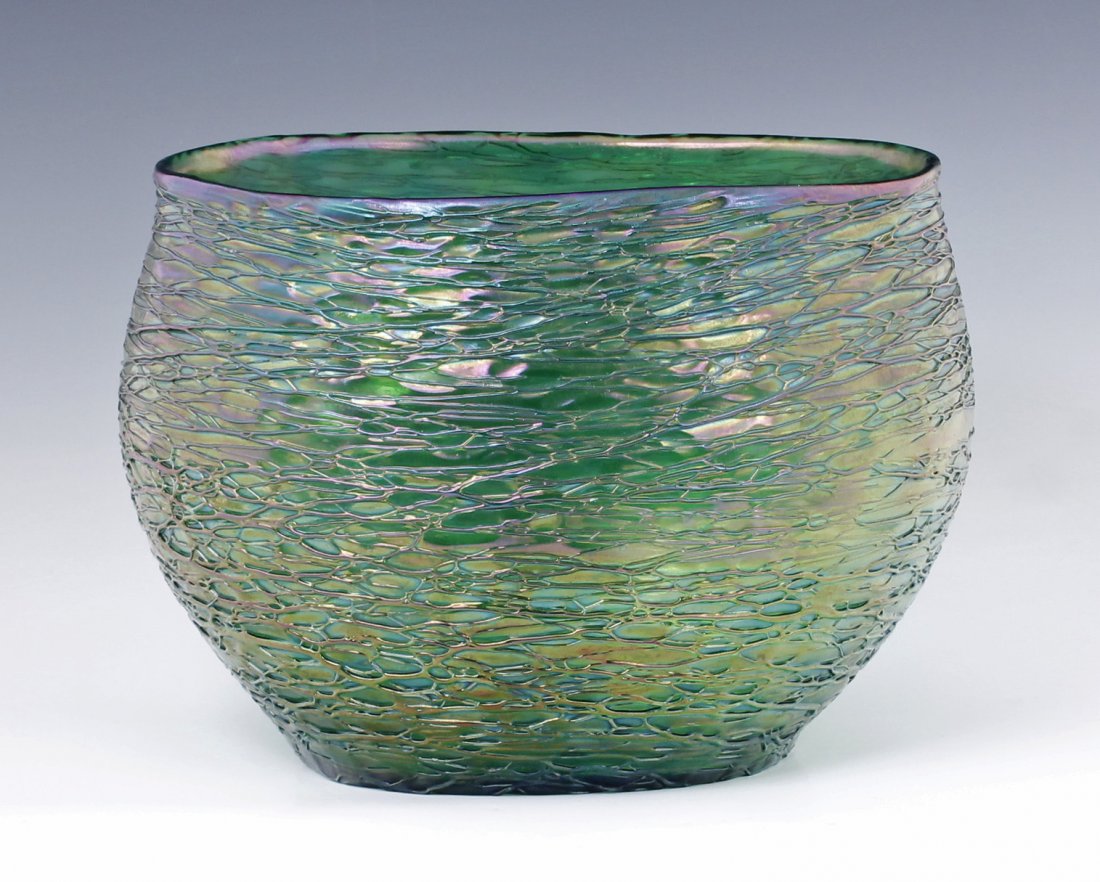 Loetz Austria Signed Opalescent Art Glass Bowl Vase: Large Opalescent threaded Art Glass Loetz bowl vase Signed Loetz Austria Size - 7 1/4" height x 10 1/4" width x 6 3/4" depth