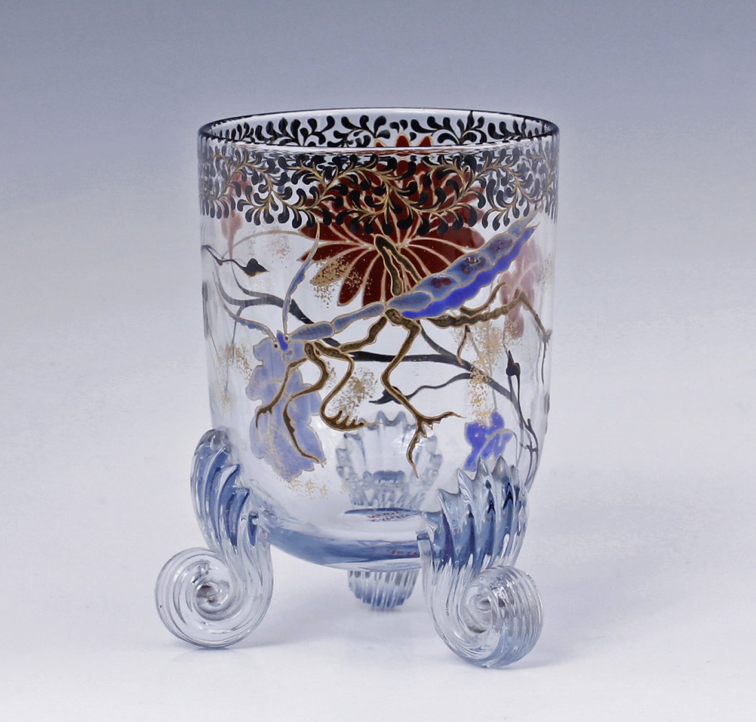 Emille Galle Nancy Art Glass Footed Cup Vase: Applied decoration signed Emile Galle, Nancy art glass cup/vase on three scrolled raised feet Size - 4 1/2" h x 3 1/4" diameter