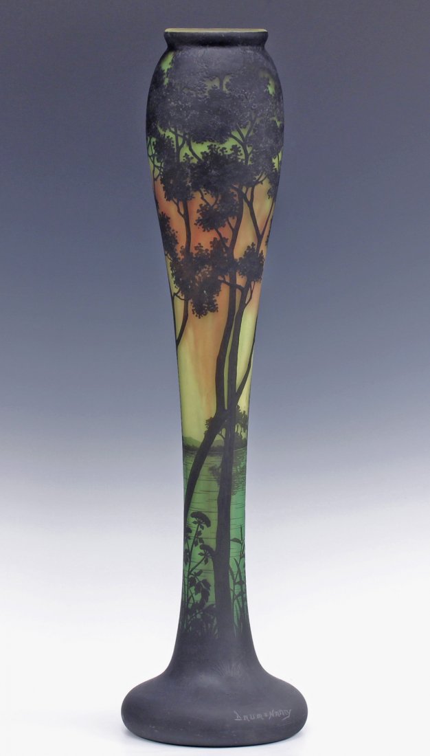 Oversize Antique Daum Nancy French Acid Etch Art Glass: Large elongated tapering antique French Daum Nancy acid etched landscape treed motif art glass vase Signed on fluted bottom Size - 28 1/2" h x 7 5/8" base diameter