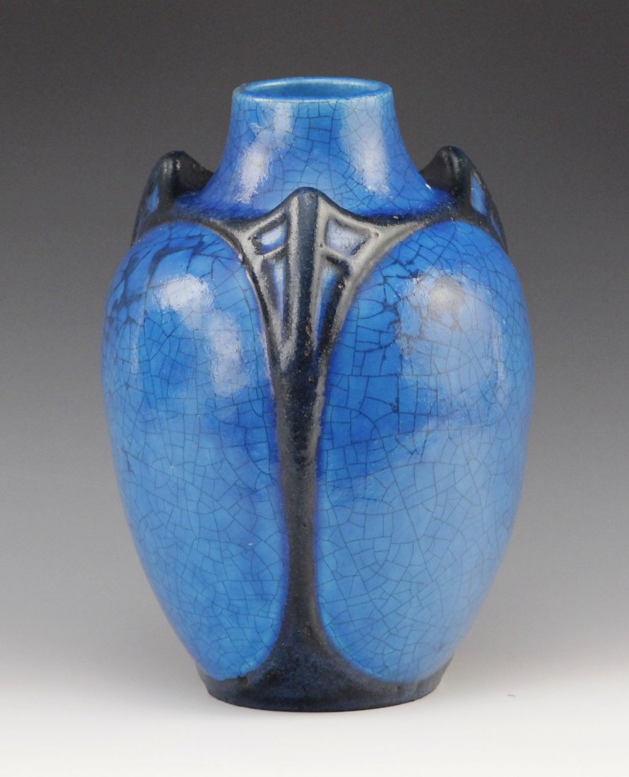 Edmond Lachenal (1855-1948) French Art Pottery Vase: Edmond Lachenal (1855-1948) French Circa 1895-1925 Persian blue signed three buttress balaster porcelain art pottery vase in rich tone crackle glaze Size - approx 10 3/4" height 7" width at widest dia