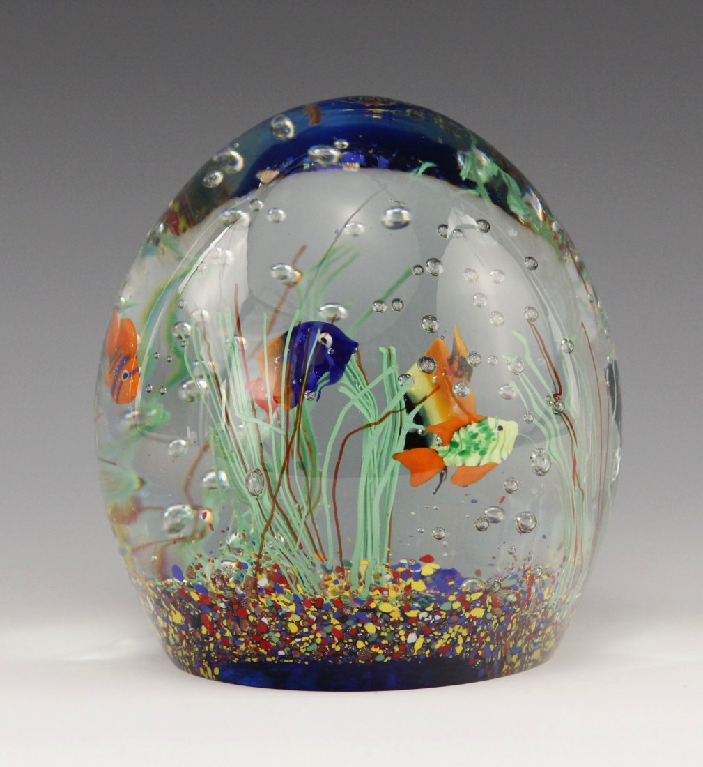 Mid Century Murano Aquarium Paperweight Art Glass: Large Murano Italian art glass aquarium paperweight with excellent clarity brightly colored fish gold sand scattering Size - approx 6" height x 5 1/2" widest diameter