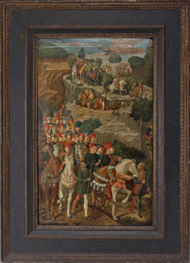 17th-18th C Oil / Panel Italian after Benozzo Gozzoli: Italian Renaissance 17th to 18th Century oil on wood panel "Procession of the Youngest King" after Benozzo Gozzoli (Italian 1420-1497) Size - 30" height x 19" width Frame 41" x 30"