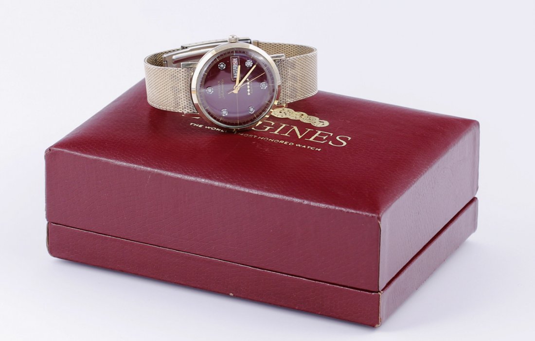 Longines Admiral Automatic Mens Wrist Watch: Admiral red dial Longines Gentlemens Wrist Watch 10K Gold Filled Case Diamond Markers Day Date Gold mesh bracelet band adjustable band 37mm including crown 40mm lug to lug engraved on back Condition: