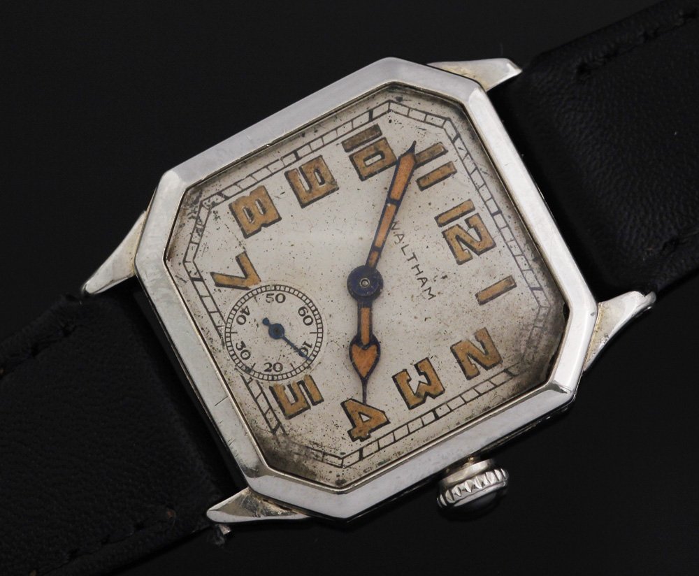 Art Deco Waltham Ruby 14K White Gold Watch C 1920s: Art Deco Waltham Ruby 14K White Gold Watch C 1920s 17 jewels serial # 25 635278 modified square face Arabic numeral markers sub second dial Size - 30mm width including crown 35 lug to lug 8.5mm thickn