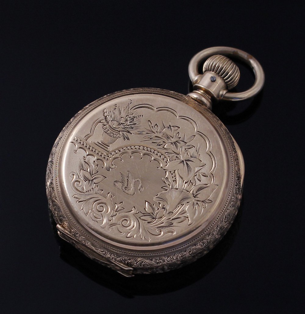 Rare Longines Mvmt C 1889 Dueber 14K Gold Pocket Watch: Circa 1889 Solid 14K Gold Dueber pocket watch in full hunter case Rare early Longines movement with Ornate engravings Monogrammed sub second dial Roman Numeral markers Elaborate gold original hands Or