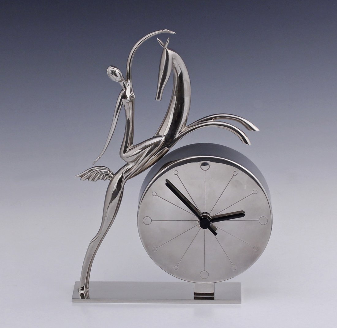 Clock & Sculpture Franz Hagenauer Austrian Nude w Deer: Clock and Sculpture Franz Hagenauer (1906-1986) Austrian Nude Female Figure on Leaping Deer Silvered Bronze Art Deco style Size - 10 1/4\" h x 7 1/2\" w x 2\" d