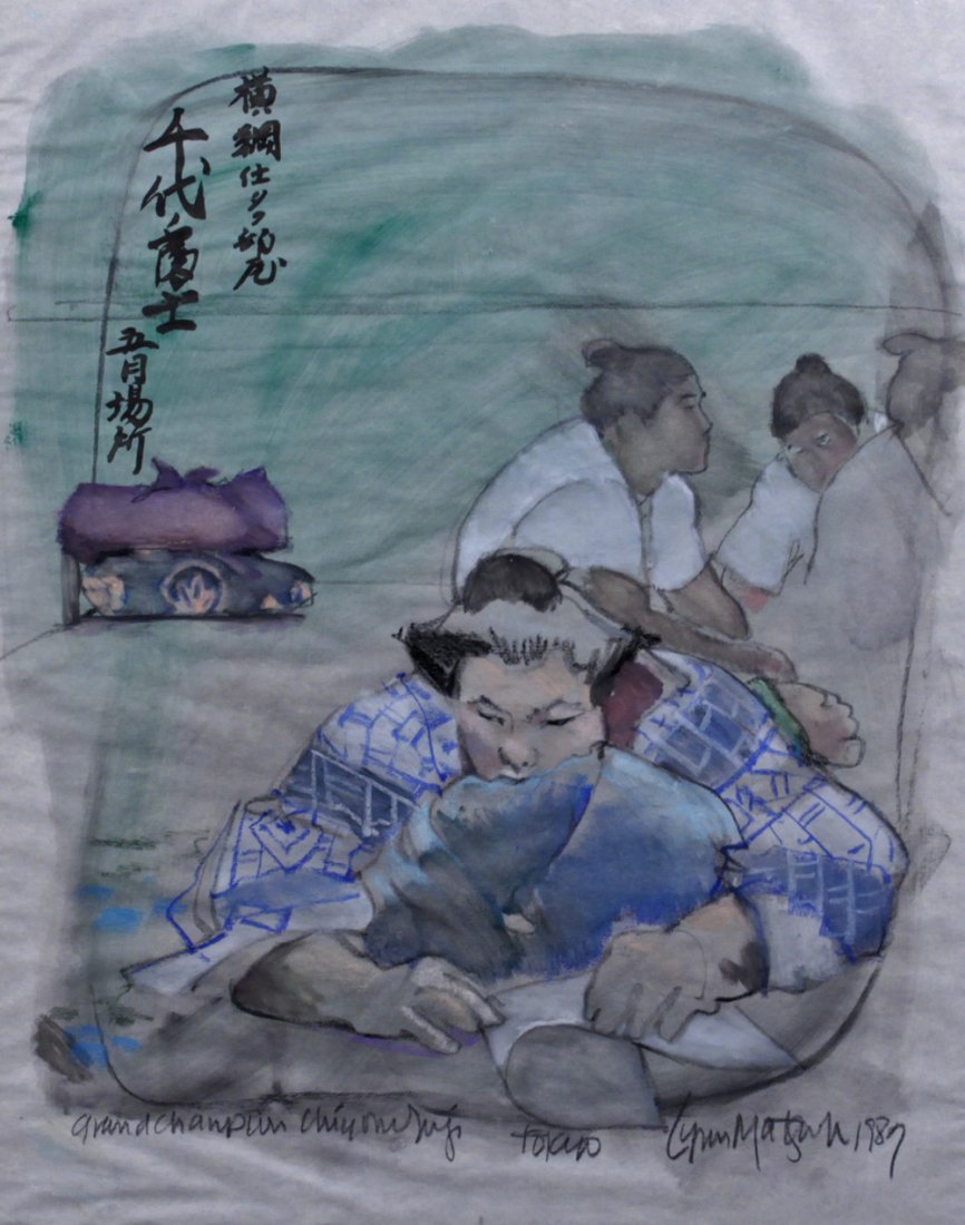 Lynn Matsuoka American/Japanese Watercolor Sumo Wres.: Lynn Matsuoka (20th Century) American/Japanese Sumo Wrestler Grand Champion Yokozuna Chiyonofuji reclining on pillows in Tokyo 1987 charcoal watercolor and pastel drawing/painting signed and dated bot
