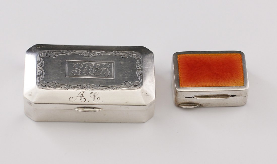 Pair Sterling & Guilloche Enamel Snuff Vintage Boxes: Antique / Vintage pair of Sterling Silver and enamel trinket 800 Silver/snuff boxes one with Guilloche enamel peach colored top one with engraved monogram lid Sizes - from 1 1/2" x 1" x 1/2" to 5/8" x