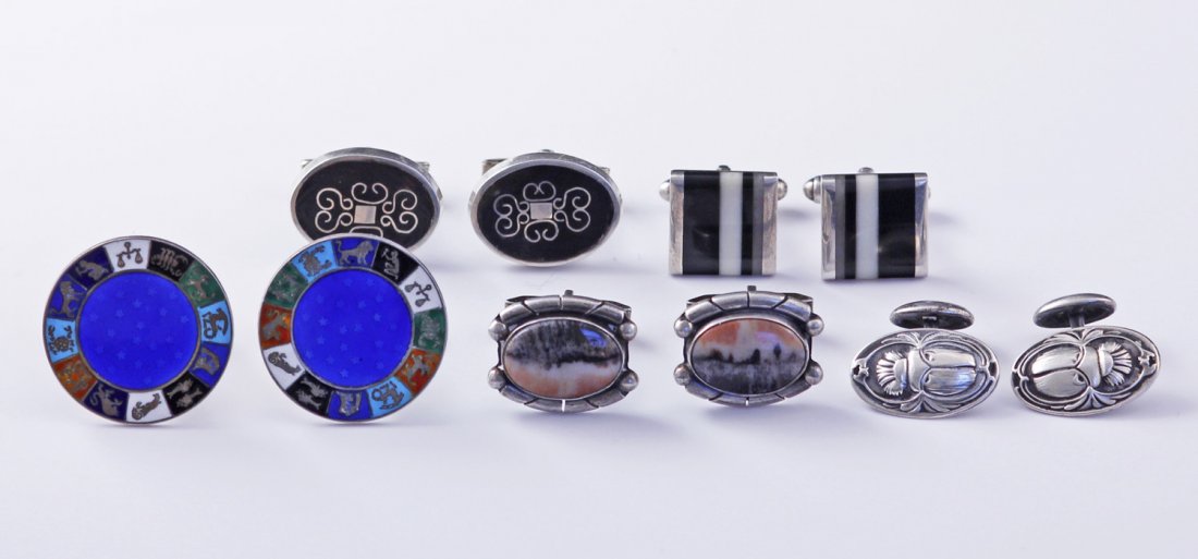 5 Pairs Deco Sterling Cufflink Marracinni Enamel German: Lot of 5 pairs of assorted Sterling Silver antique Art Deco and vintage Gentlemen's cufflinks inlcuding Lee Marracinni with bands of semiprecious stones, Onyx inset wirework, scarab beetle Norwegian (