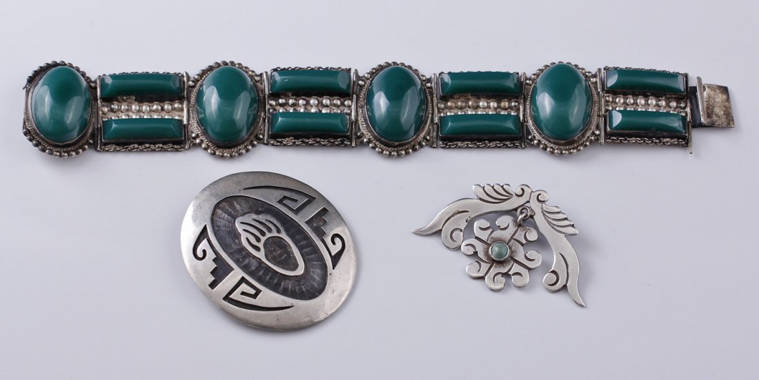 3 Early Taxco Mexico Native Amer Sterling Pins Bracelet: Lot of 3 pieces of vintage Taxco Mexico Sterling Silver and Native American brooches and bracelet, one early brooch marked 980 Taxco one hallmarked (Native American) and bracelet marked Mexico Sterlin