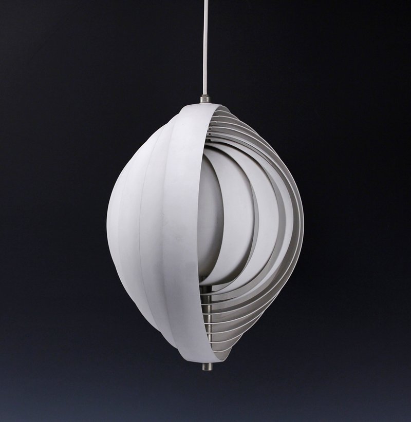 Verner Panton Moon Ceiling Light Circa 1960: Made by Louis Poulsen Denmark Copenhagen Circa 1960's white metal lamelia "Moon" ceiling light by Verner Panton folding 3 dimensional circular light fixture 13 3/4" diameter when flattened, 1 3/4" wid