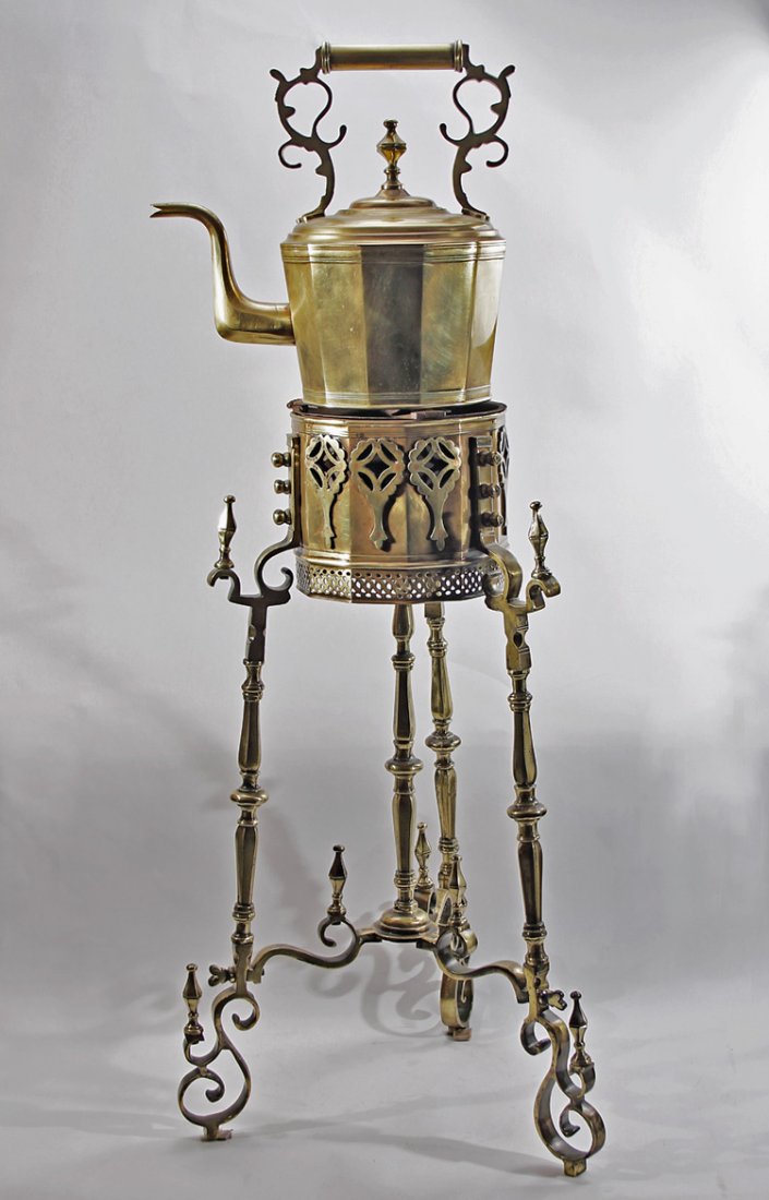 Victorian English Brass Spirit Burner Kettle on Stand: Early Antique English Brass Spirit Burning Kettle on large ornate stand scrolling legs detailed handle spire finials and brass pierced plaque sides Size - 31 1/4" h burner 18" leg to leg kettle is 14 