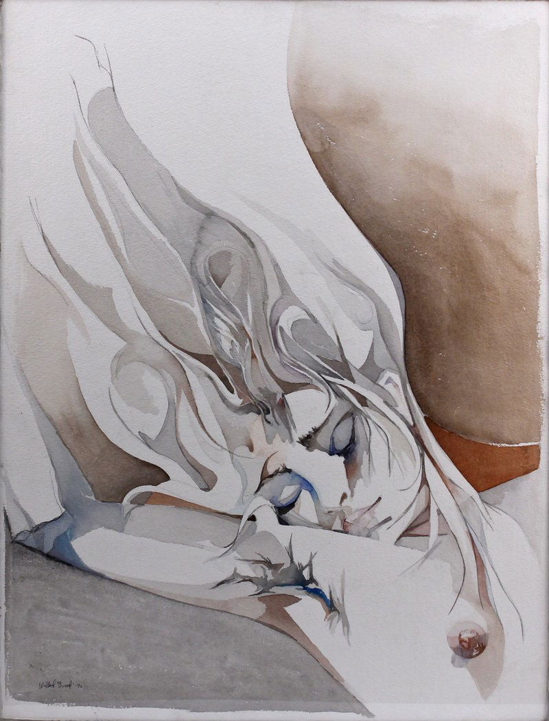 Willard Bond (1926-2012) American Nude Watercolor: Vintage Willard Bond (1926-2012) American Nude Watercolor on paper woman with flowing hair and outstretched arms metal frame Size - 22 1/2" x 29 1/2" paper 23 1/4" 30 1/4" framed