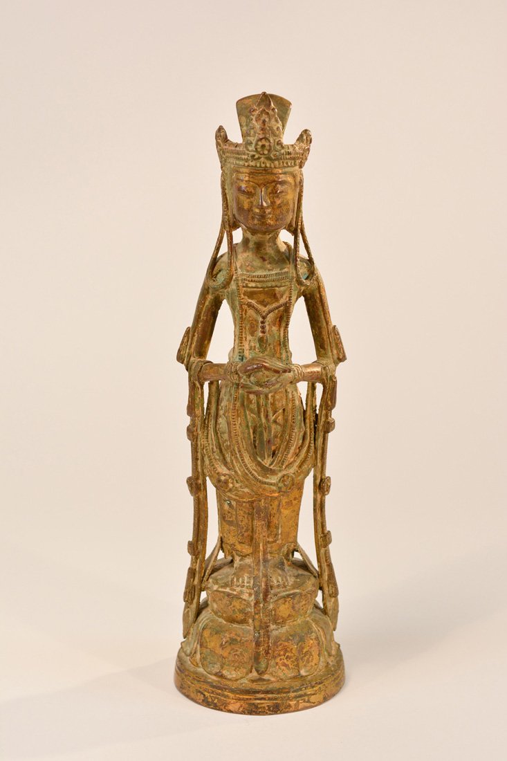 Antique Korean Bronze Standing Kuanyin: traces of gilt and lacquer, 15"H 4"w
