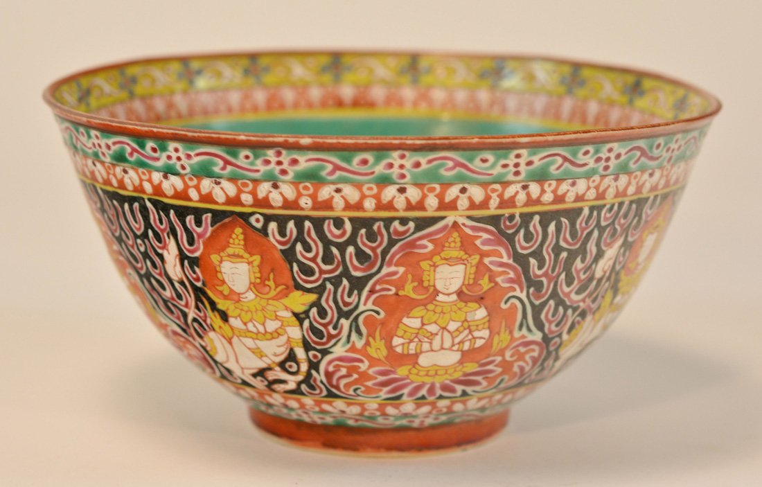 Thai Porcelain Buddhist Bowl: 19th cen, one tight hairline, 7"dia, 3.7"h