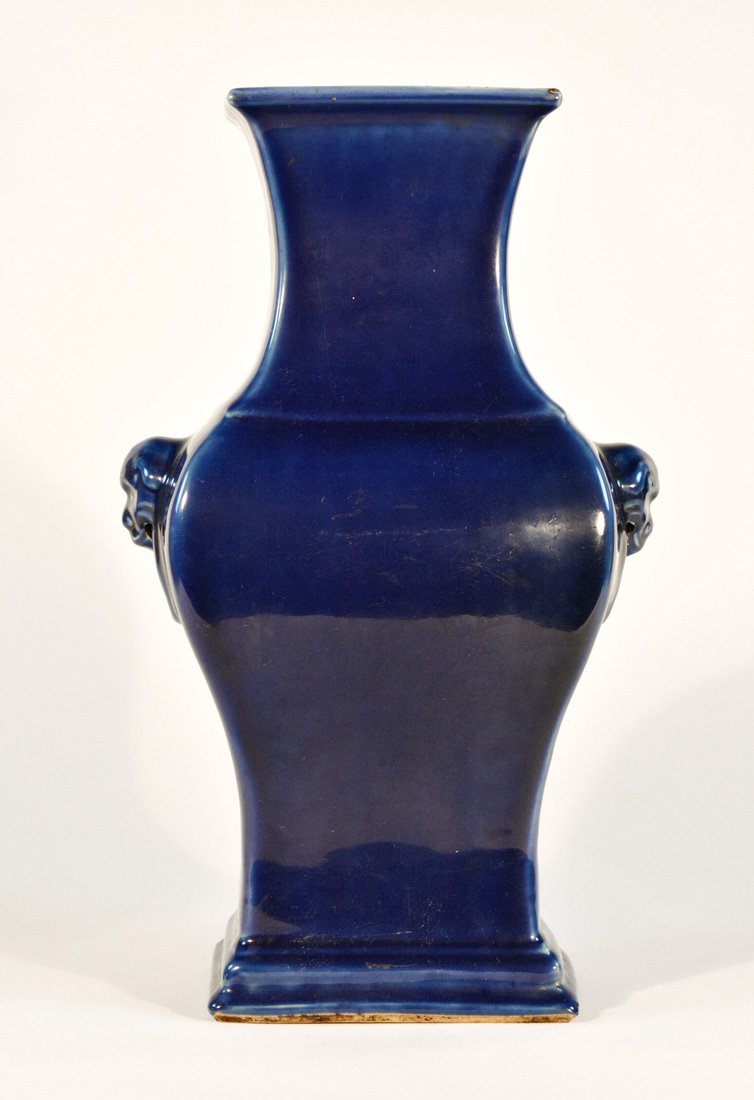 Chinese 18th cen Blue Glazed Fahu Vase: Qianlung period, foolion mask handle, 18th cen, 16"h.