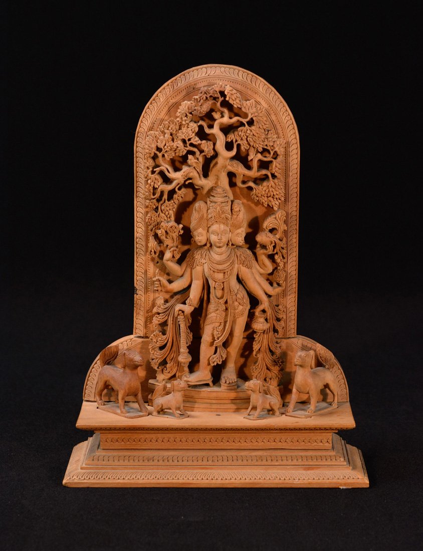 Indian Carved Sandal Wood Buddha: standing form under tree of wisdom, 19th cen, 10.75"h .