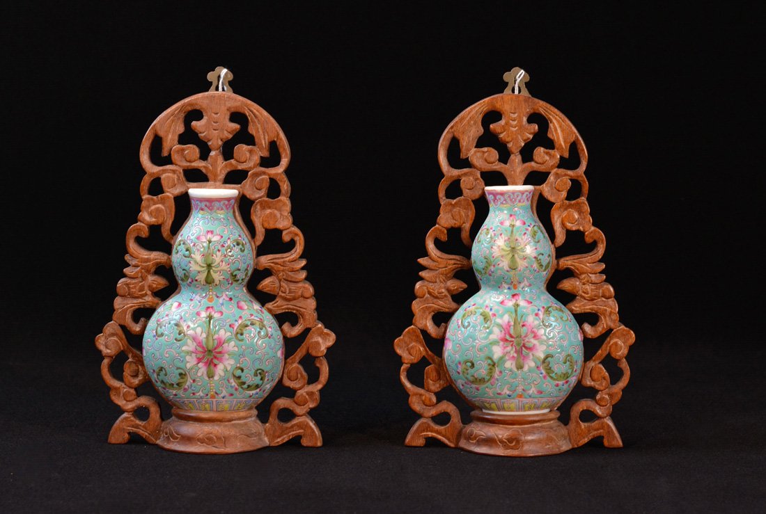 Pair Chinese Double Gourd Porcelain Wall Vases: mounted on wood plaque, buddhist lotus floral motif, 19th cen, vase 6.5"h overall 10.75"h.