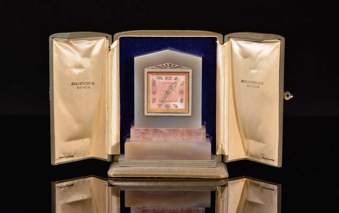 Important Swiss Desk Clock with Diamonds by HAAS, Co: Agate desk clock with enameled face, diamonds by HAAS Neveux Co, Geneve, original case, 5.5"h clock.