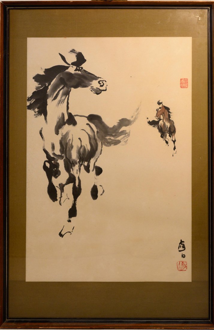 Chinese Watercolor of Horse by Ye Zui Ba: on paper, framed, 20th cen, horse painting in Taiwan, 18" by 27.5".
