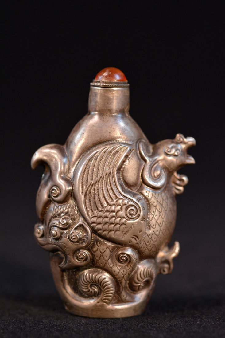 Chinese Mongolian Silver Snuff Bottle - Phoenix: 19th cen, 2.7"h.