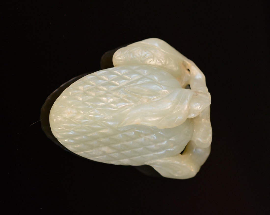 Chinese Celadon Jade Snuff Bottle - Fruit: 18/19th cen, measures 2.3"h. Carved as fruit with leaves.