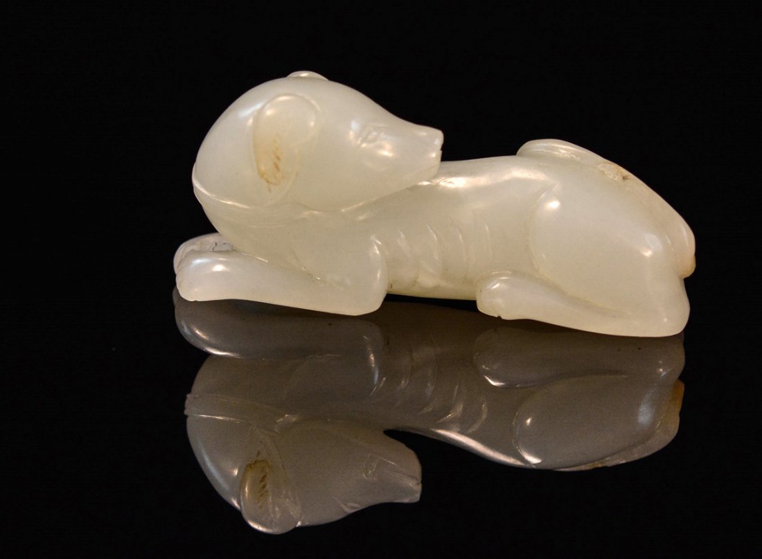 Chinese White Jade Carved Laying Dog: 18/19th cen, measures 2.3" x 1"