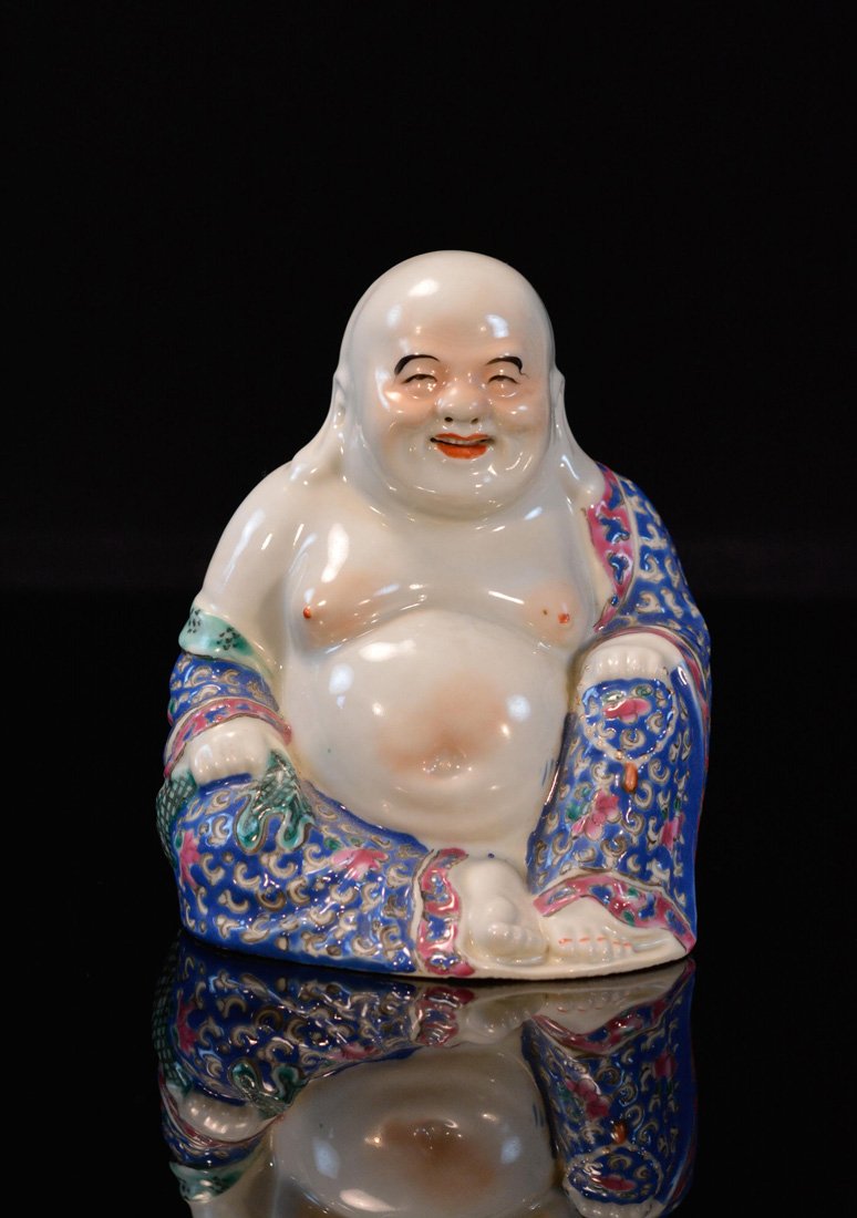 Chinese Famille Rose Porcelain Happy Buddha: hallmark: "Wei Hong Tai", republic period, measures 5"h