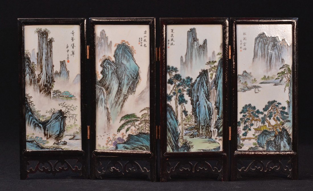 Chinese Four Panel Miniature Porcelain Table Screen: landscape scene, 10" by 16", 20th cen