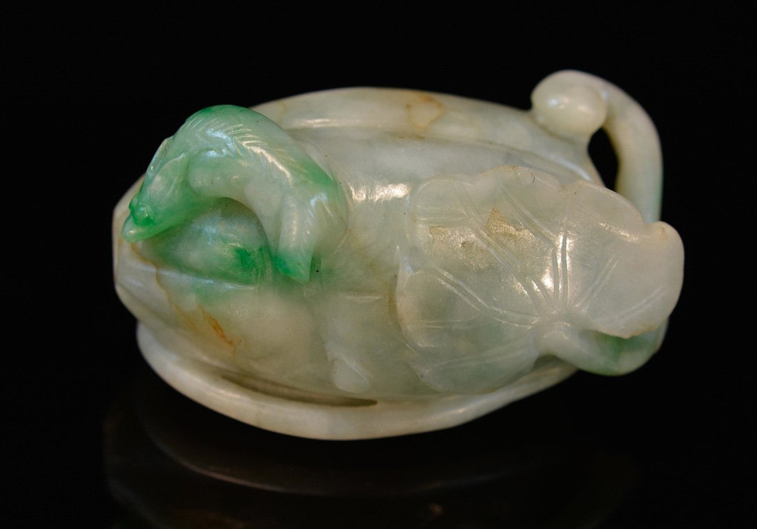 Chinese Jadeite Snuff Bottle: squirrel and melon motif, measures 2.25"l