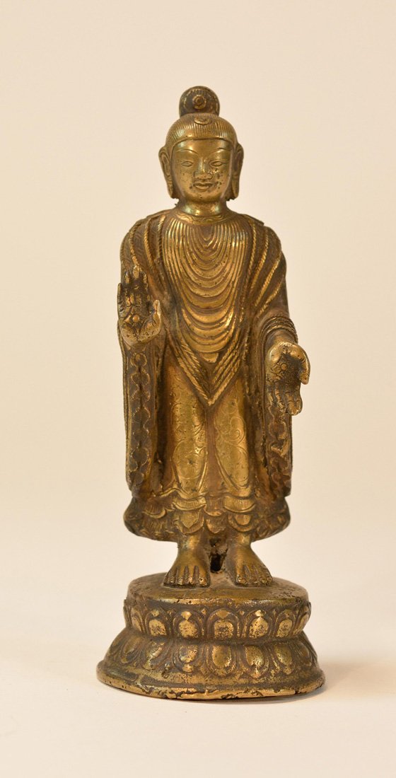 Nepalese Bronze Standing Buddha: 19th cen or earlier, measures 6.5"h