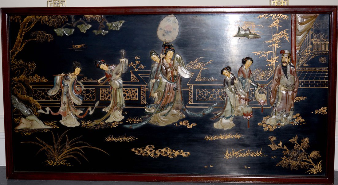 Chinese Inlaid Lacquer Wall Panel: with figural scene, 20th cen measures 64" by 34", along with a lacquered cabinet with figural scene