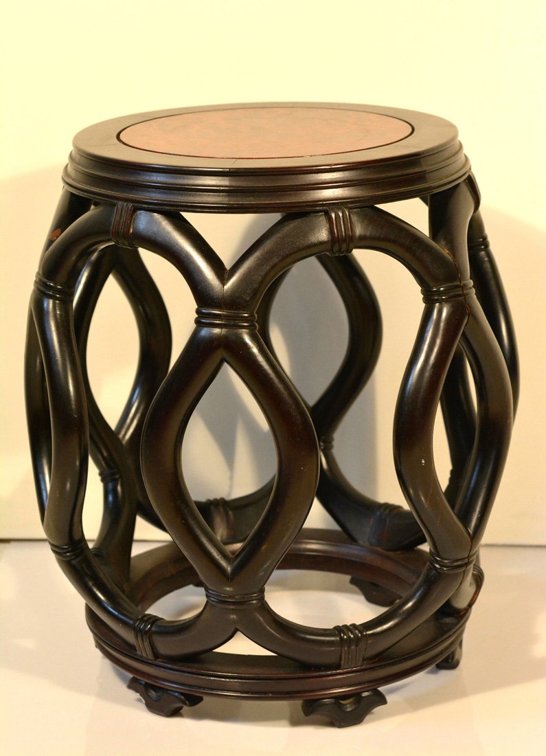 Chinese Hardwood Scholar Barrel Stool: hardwood with burlwood top surface, 19/20th cen, measures 14" dia, 19" h