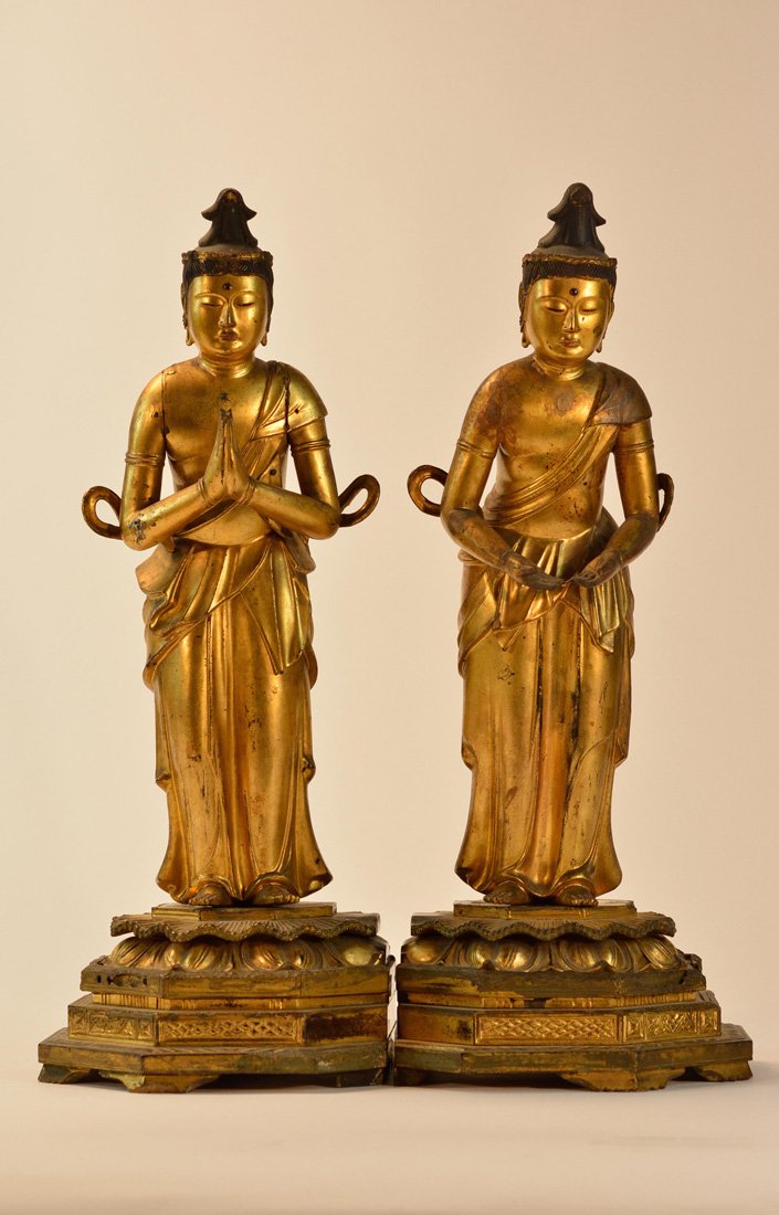 Pair Japanese Lacquered Wood Buddha Attendants: late Edo Period, 18th cen, measures 7.5" w, 15.5" h
