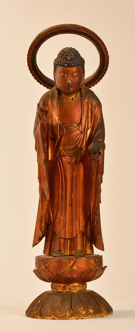 Japanese Lacquered Wood Standing Buddha: late Edo Period, 18th cen, measures 5.5" w, 18" h
