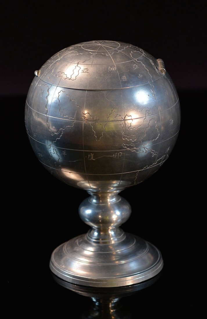 Chinese Pewter Globe of World Map: early 20th cen, measures 4" w, 6" h