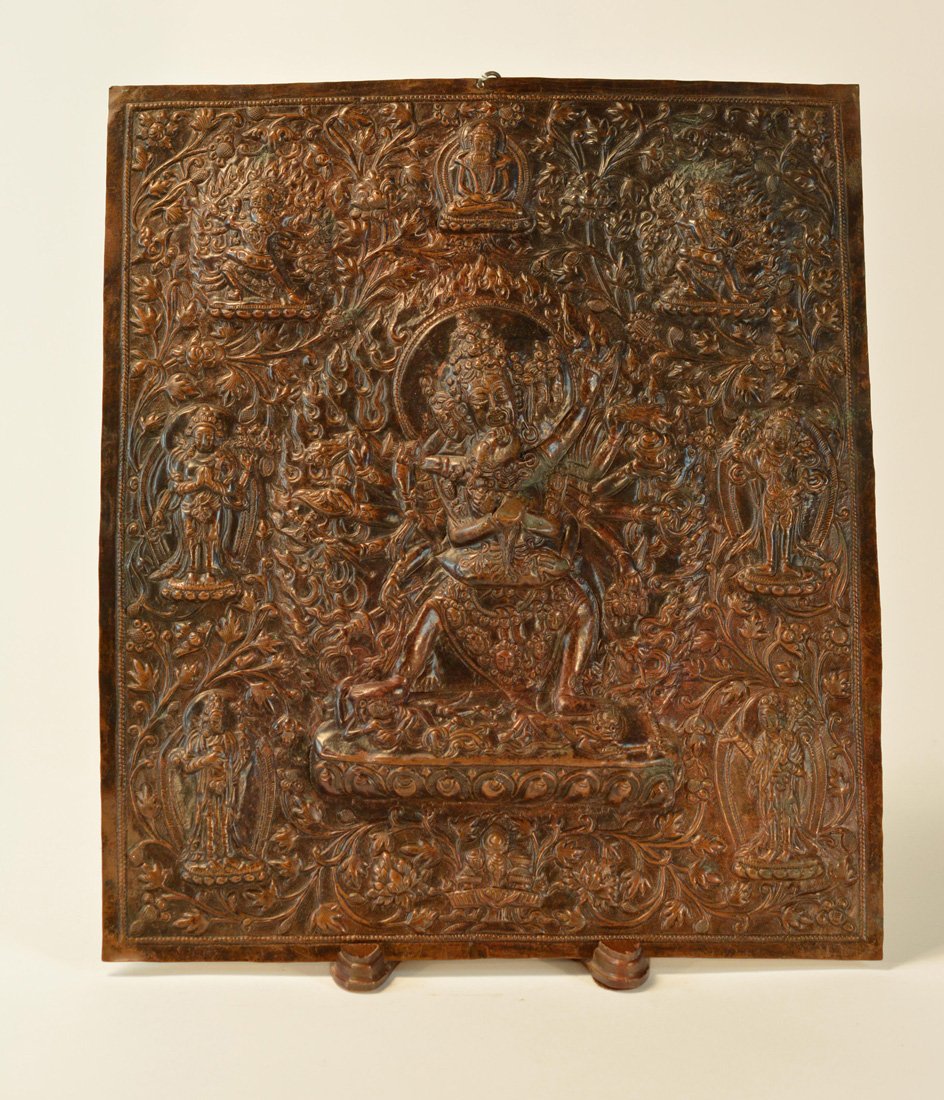 Nepalese Repousse Buddha Plaque: 19th cen, measures 12" w, 14" h.