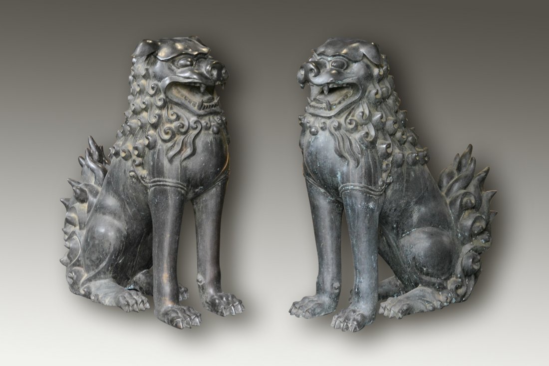 Pair of Japanese Bronze Buddhist lions: Measure 28.5"h 21"l 9"w