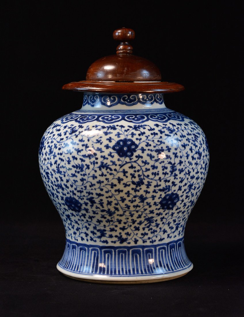 Chinese Blue White Porcelain Blauster Jar with Wood: 17/18th cen, Buddhist lotus vine motif, measures 12"h 9.5"w
