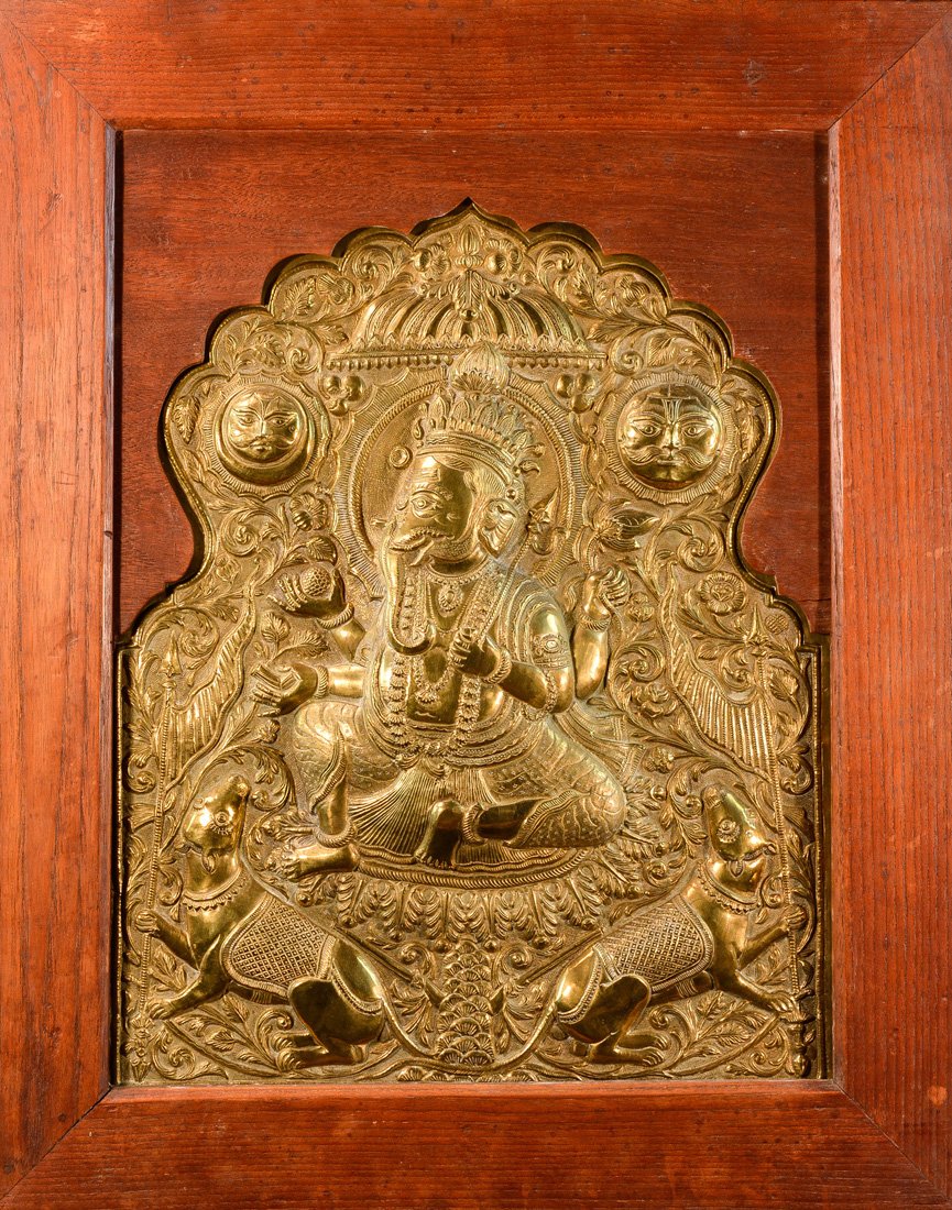 Nepalese Buddha Plaque: repousse on wood, 19th cen, measures 27"h 21.75"w