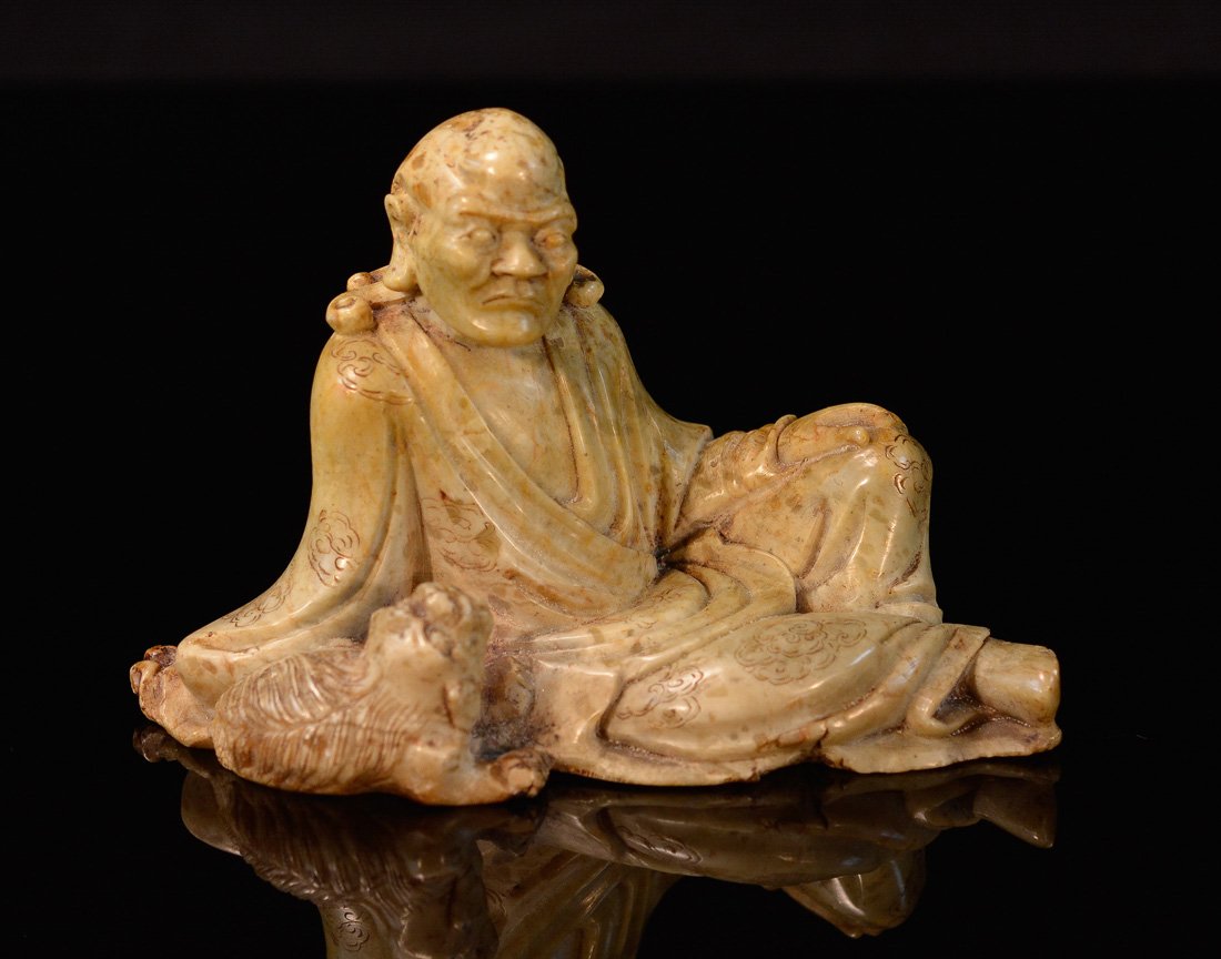 Chinese Soapstone Carving of a Damo: with foolion on the side, 18/19th cen, measures 5"l 3.5"h 2"d