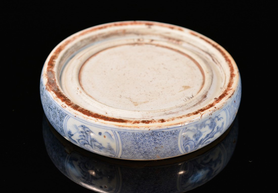 Chinese Blue White Porcelain Ink stone: 19th can or earlier, measures 5.25"dia Provenance: Estate of Alfred Günter Mann, New Haven, Ct